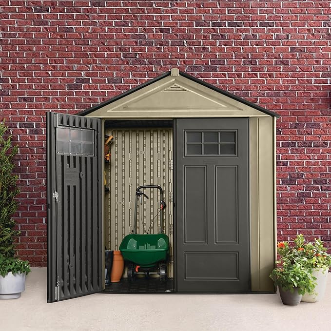 Rubbermaid Resin Outdoor Storage Shed With Floor (7 x 3.5 Ft) Weather Resistant, Brown Gable, Organization for Home/Backyard/Garden Tools/Lawn Mower/Bike Storage/Pool Supplies