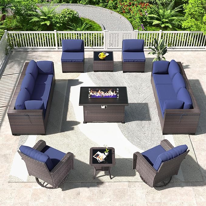 Kullavik 13 Pieces Outdoor Patio Furniture Set,PE Wicker Rattan Sectional Sofa Patio Conversation Sets with 43" 55000BTU Gas Propane Fire Pit Table,Swivel Rocking Chairs Set,Navy Blue