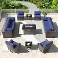 Kullavik 13 Pieces Outdoor Patio Furniture Set,PE Wicker Rattan Sectional Sofa Patio Conversation Sets with 43" 55000BTU Gas Propane Fire Pit Table,Swivel Rocking Chairs Set,Navy Blue