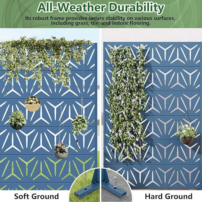 Casaphoria Metal Privacy Screen Outdoor, 72" H x 47" W Freestanding Decorative Privacy Screen for Patio Deck Balcony Garden with Stable Base, Blue-Star