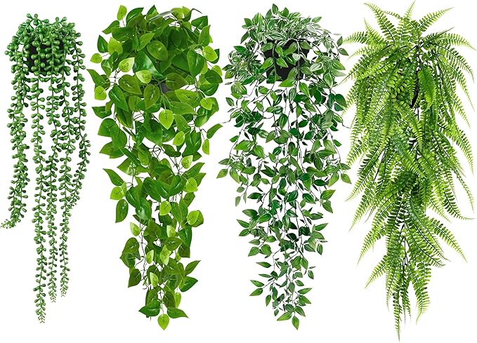 Palonu Artificial Hanging Plants for Shelf, 4 Pack Fake Potted Greenery Plant Faux Mandala Vine, String of Pearls, Ivy Vine,Persian Grass Fern in Pot for Desk Home Bathroom Farmhouse Room Table Decor