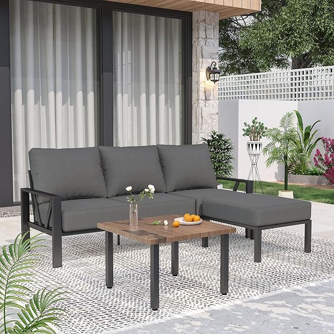 Outdoor Furniture Set, Patio Couch Sectional with Ottoman, 3 Pieces Outdoor Patio Sofa Set Deep Seating with 6" Thick Cushions, Dark Grey
