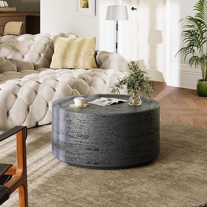 UPHA Outdoor Round Coffee Table, Small Modern Minimalist Accent Tables, Low Light Concrete Center Table for Living Room, Outside Patio, Deck, 28×28×13, Dark Grey