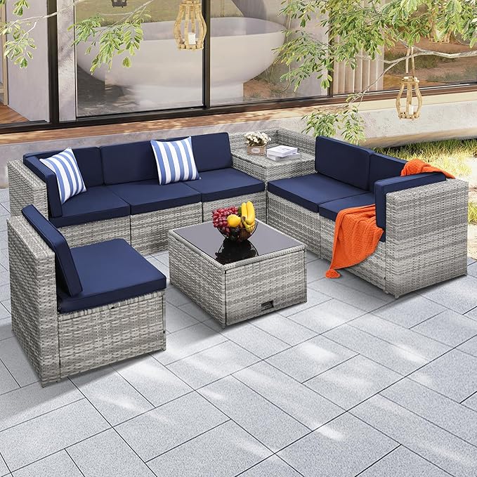 8-Piece Patio Furniture Set, Outdoor Wicker Rattan Sectional with Thick Cushions, Glass Top Table with Hidden Storage, Outdoor Conversation Set for Backyard, Porch, Patio, Blue