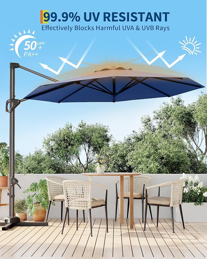GarveeLife 10FT Patio Umbrella Outdoor Large Cantilever Umbrella Market Sun Shade Windproof Offset Umbrella with 360-Degree Rotation for Garden Deck Pool Patio, Navy Blue