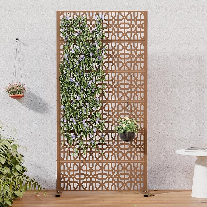 Casaphoria Metal Privacy Screen Outdoor, 72" H x 35" W Freestanding Decorative Privacy Screen for Patio Deck Balcony Garden with Stable Base, Brown-Perilla