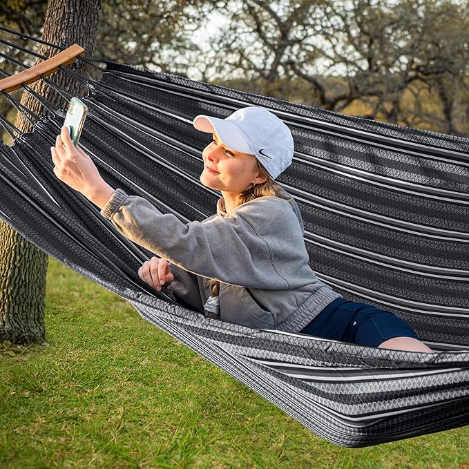 SUNCREAT Hammocks Double Hammock with Curved Spreader Bar, Outdoor Camping Portable Hammock with Carrying Bag & Tree Straps for Patio, Backyard, Balcony, Max 450lbs Capacity, Dark Gray