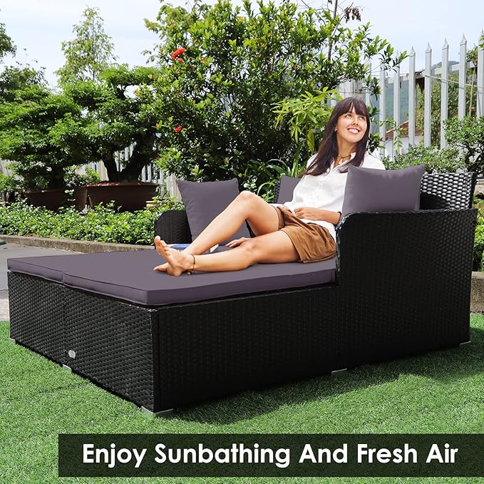 COSTWAY Outdoor Patio Rattan Daybed, Sponge Cushioned Loveseat Sofa with 4 Pillows, Wicker Furniture Sunbed for Balcony, Courtyard (Grey)