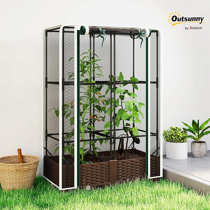 Outsunny Raised Garden Bed with Trellis, 46.5" Tomato Cage with Crop Cage, Self Watering Planter Box with Drainage Holes and Plugs for Outdoor Patio Climbing Plants, Vines, Vegetables, Flowers, White