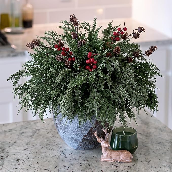 Faux Cedar Stems Artificial Norfolk Pine Branches for Christmas Decorations, 17 PCS Faux Pine Stems with Pinecones Red Berries Branches Realistic Faux Greenery for Vases DIY Garland Xmas Table Indoor