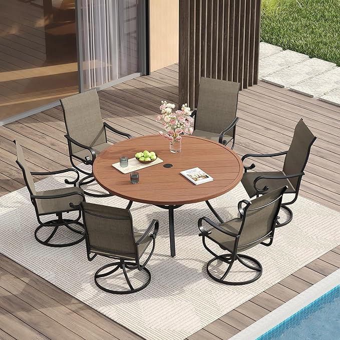 VICLLAX 47.2" Round Patio Table for 6, All Weather Metal Outdoor Dining Table with Adjustable Umbrella Hole, Walnut Wood-Like Tabletop