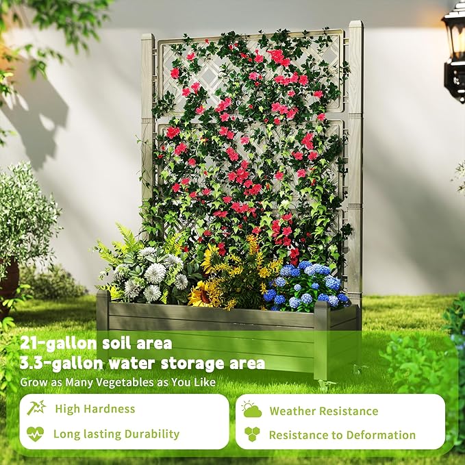 Raised Garden Bed with Trellis, 21 Gallon Self Watering Planter Box with Lockable Wheels & Drainage Holes for Climbing Plants Vegetables Flowers, Anti-Rust Resin for Backyard Patio (Grey)