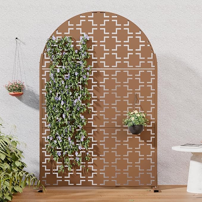 Casaphoria 72" H x 47" W Arched Metal Privacy Screen - Elegant Freestanding Outdoor Screen for Deck, Patio & Balcony - Versatile Decorative Privacy Panels for Home & Garden Use (Brown-Square)