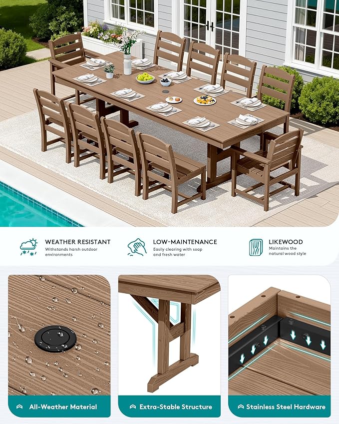 SERWALL 11 Piece Outdoor Dining Set, 84" HDPE Outdoor Table and Chairs for 10，All Weather Patio Furniture Set with Umbrella Hole for Backyard, Garden, Brown