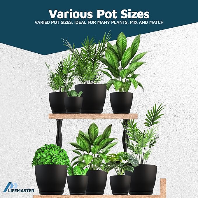 Black Plant Pots with Drainage Holes & Saucers 3 Pack, Indoor & Outdoor Stackable Space-Saving Planters for Houseplants & Flowers, (7", 6.7", and 6" Inches), Durable & Weatherproof Materials