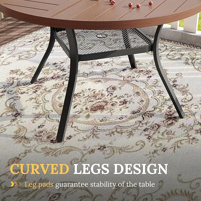 VICLLAX Round Patio Table with Adjustable Umbrella Hole for 4, All Weather Metal Outdoor Dining Table for Lawn Garden, 40.6" Outdoor Coffee Table, Walnut Wood-Like Tabletop