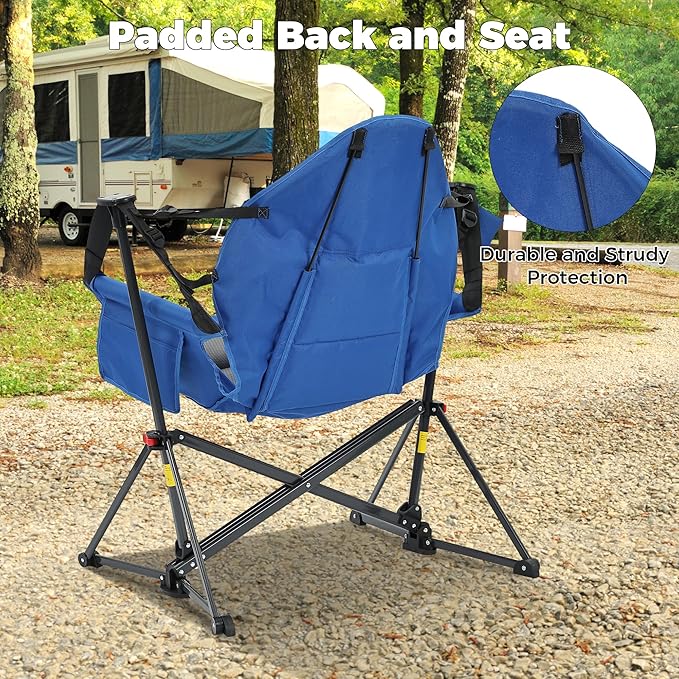 Ainfox Hammock Camping Chair, Foldable Portable Rocking Chairs for Adults Outside Swinging Camp with Cup Holder Pillow for Outdoor Patio Poolside (Blue)