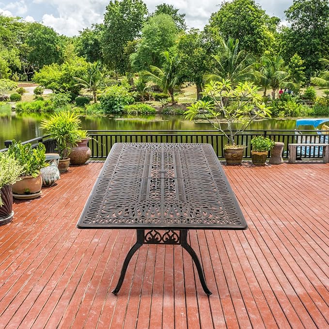 Outdoor Patio Dining Table - All-Weather Cast Aluminum 87" x 28.5“ Patio Rectangular Table with 2" Umbrella Hole for Balcony Lawn Garden Backyard
