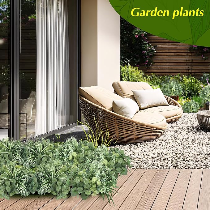 24Pcs Artificial Outdoor Plants UV Resistant Fake Plastic Greenery Boxwood Eucalyptus Spring Onion Grass for Outside Yard Front Porch Patio Window Box Planter Hanging Basket Decor (Grey Green)