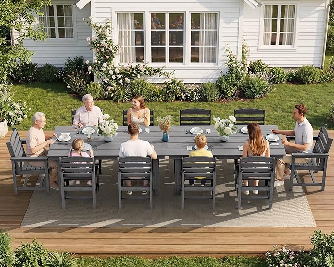 SERWALL Patio Dining Sets for 6 Person, HDPE Dining Set with 6 Armless Chairs, Gray