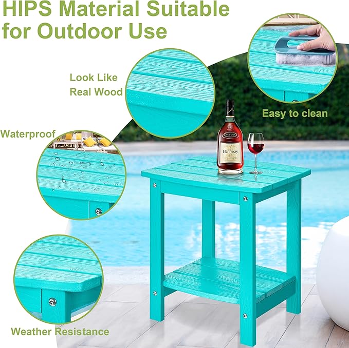 Y&M Outdoor Side Table, HIPS Adirondack Small Double Layer Table, Waterproof Square Balcony Modern End Tables for Patio, Pool, Beach, Porch, Deck, Indoor or Outdoor Use, Aruba Blue