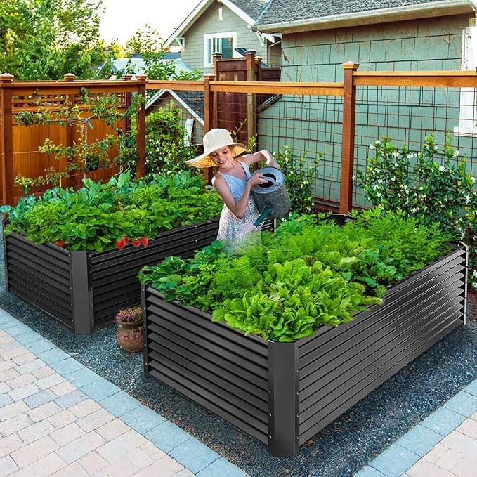 YITAHOME 6x3x2ft 2pcs Large Raised Garden Bed Kit, Galvanized Metal Planter Box with Gloves, Ground Nails, Support Rod, Outdoor Above Ground Planters for Plants Vegetables Flowers, Black