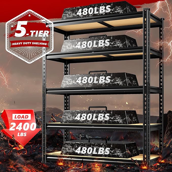 REIBII 2400LBS Garage Shelving Heavy Duty 5 Tier Storage Shelves Adjustable Garage Shelves, Utility Rack Shelf, Shelving Units for Storage Warehouse Pantry Closet, 35.5" W x 11.9" D x 72" H, 2 Pack