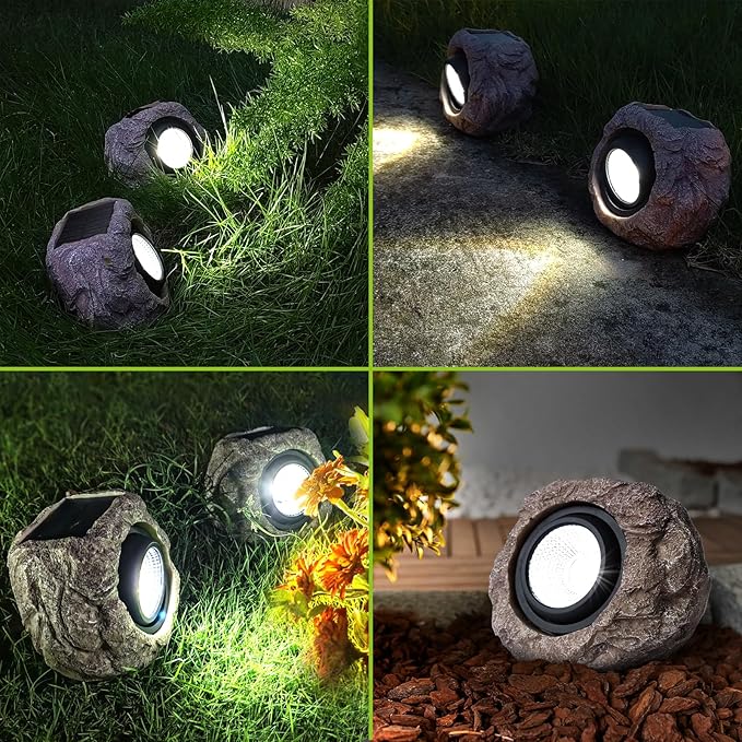 Solar Rock Lights Outdoor Garden Waterproof - Super Bright LED Solar Spotlights, Solar Powered Landscape Path Decorative Garden Stone Lights for Pathway, Walkway, Yard, Patio (2 Pack)