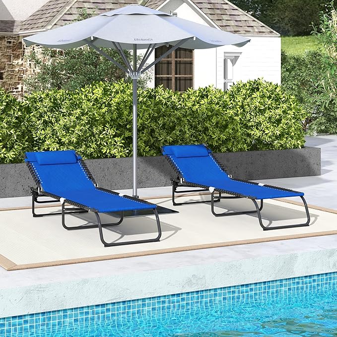 Outsunny Folding Chaise Lounge Chair Set of 2, Patio Sun Tanning Chair, Outdoor Chaise Lounger with 4-Position Reclining Back, Breathable Mesh Seat for Beach, Poolside, Yard, Blue