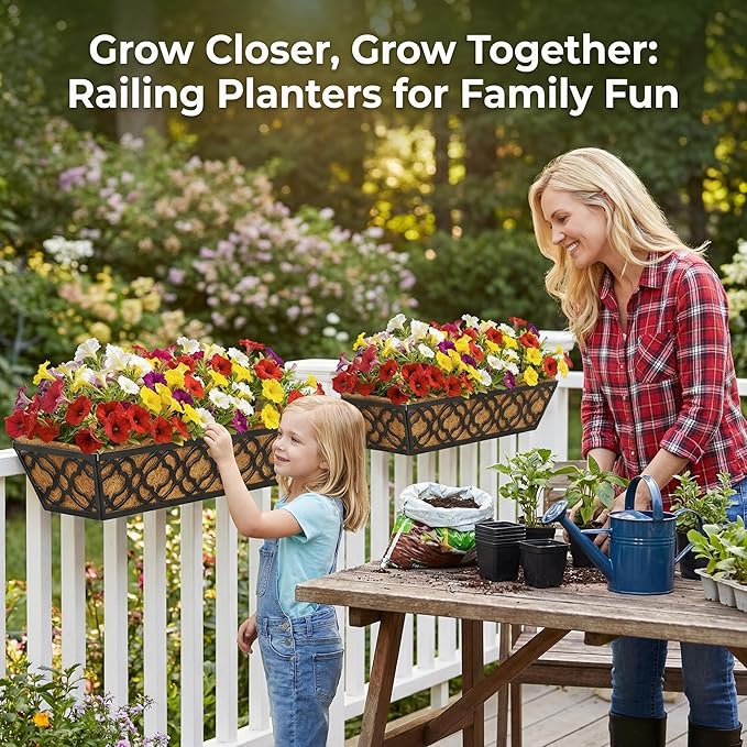 HFHOME 2 Pcs 30" Window Box Deck Railing Planter with Horse Trough Coco Liners, Black Metal Hanging Flower Planters Baskets for Indoor, Outdoor, Balcony, Porch, Fence, Patio, and Lawn
