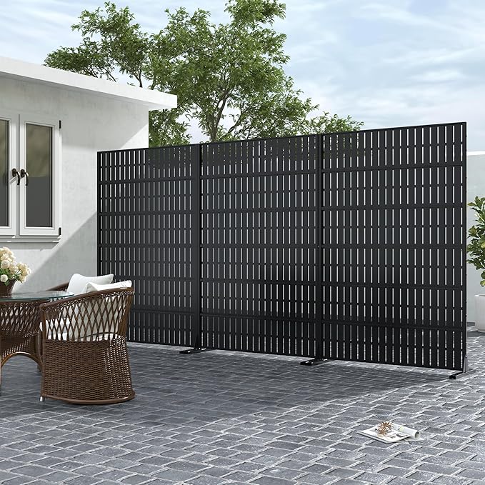 Casaphoria Metal Privacy Screen Outdoor, 72" H x 47" W Freestanding Decorative Privacy Screen for Patio Deck Balcony Garden with Stable Base, Black-Fence