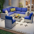 8 Piece Outdoor Patio Furniture Set, Outdoor Sectional Furniture, Rattan & Wicker Modern Modular Conversation Set Sofa Couch W/Water Resistant Washable Thick Cushions and Coffee Table, Blue