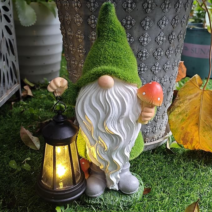 Gnomes Solar Garden Statues,Resin Gnome Figurine Decorations Holding Mushroom and Solar Lights Lantern, Outdoor Figurines Lawn Garden Statue Decor Art for Lawn,Yard, Balcony Ornament.