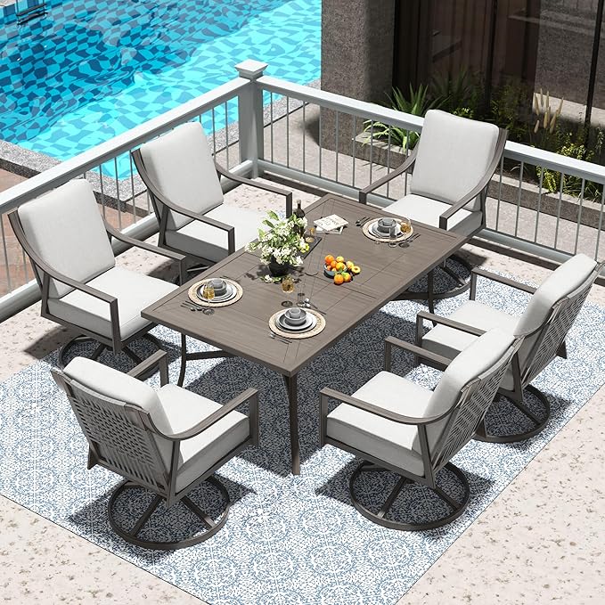 NATURAL EXPRESSIONS 7 Piece Patio Dining Table Outdoor Furniture Set for 6, 6Pcs Swivel Patio Dining Chairs with Olefin Cushions, 65”Large Dining Table with Umbrella Hole