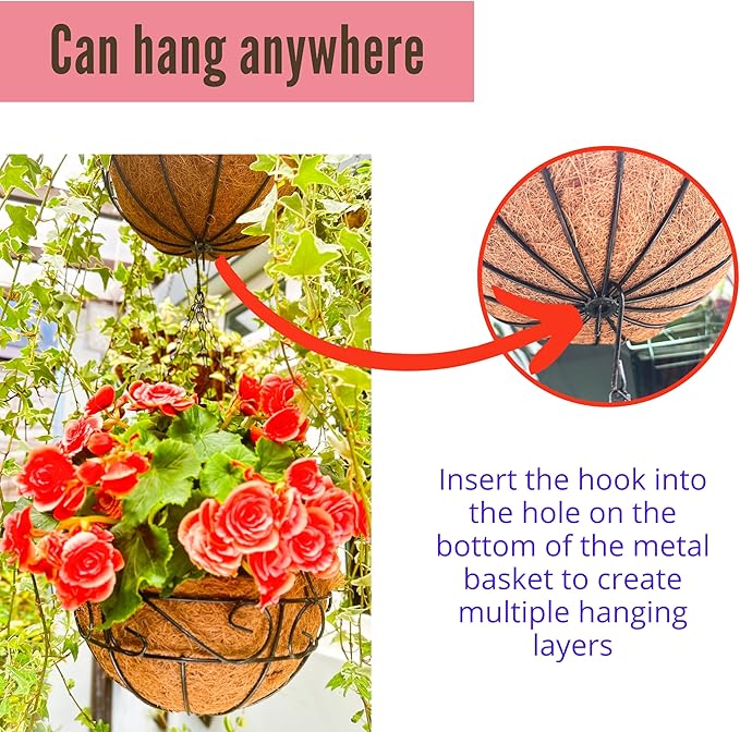 LaLaGreen Hanging Planter for Outdoor Plants (16 Inch, 6 Pack) Hanging Baskets with Coco Liner, Black Metal Wire Flower Basket Pots with Hook Hanger Balcony Porch Farmhouse Country Style Garden Decor