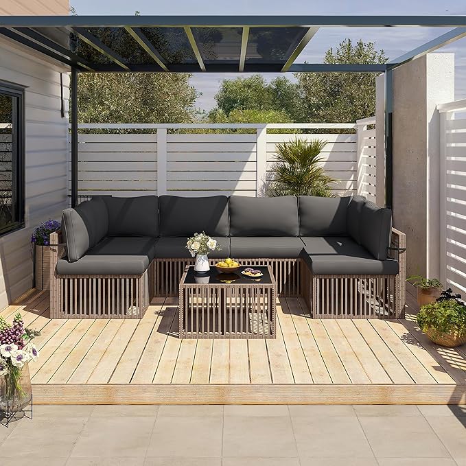Pamapic 7 Piece Outdoor Sectional Sofa Set, All-Weather Patio Furniture with Washable Cushions, Waterproof Brown Rattan Wicker Conversation Set for Backyard, Poolside, Gray Cushion