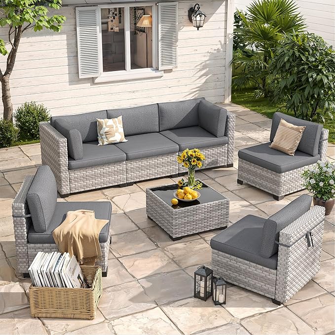 6-Piece Outdoor Patio Furniture Set, All-Weather Wicker Sectional Sofa with Deep Seating 4” Cushions, Heavy-Duty Steel Frame, Modular Rattan Couch for Backyard, Deck & Garden, Black