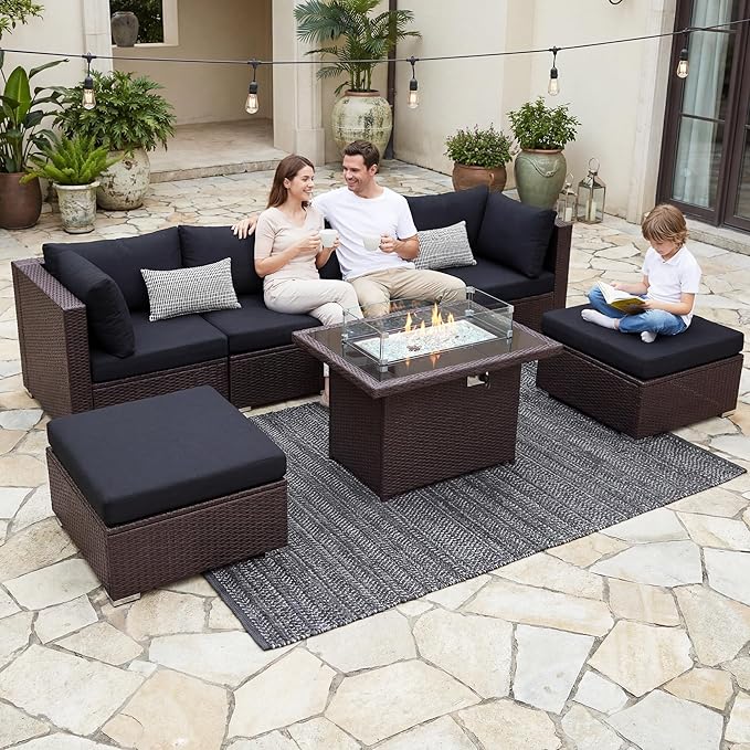 NICESOUL 29.3'' High Back Patio Set with Firepit Propane & Natural Gas, 7 Piece Oversized Large Wicker Outdoor Sectional Couche Sets, Heavy Duty Backyard Furniture, Brown Rattan and Black Cushion