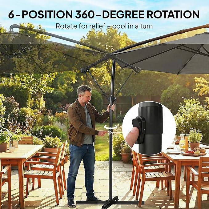 Outsunny 10 ft Offset Patio Umbrella with Cover, Round Hanging Cantilever Umbrella with 6-Position 360° Rotation, Crank Handle, Tilt, Cross Base, Heavy Duty Outdoor Umbrella for Garden