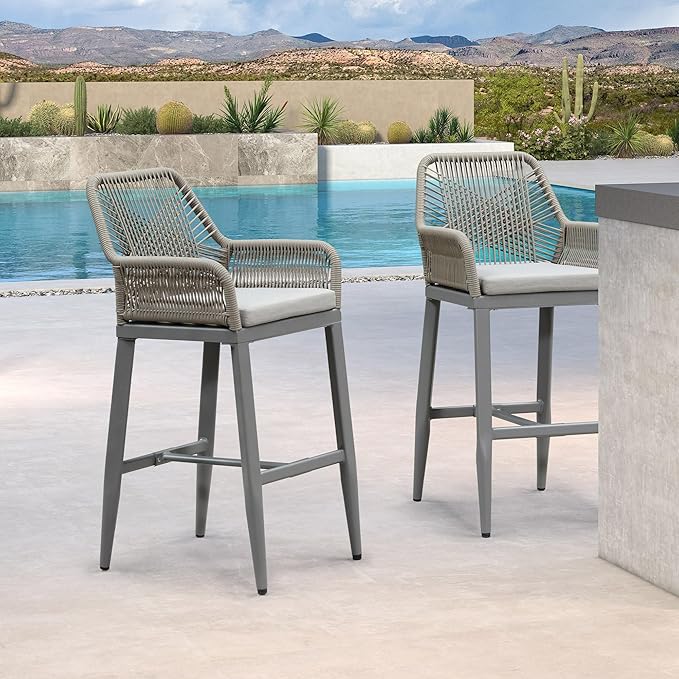 PURPLE LEAF Outdoor 29" Wicker Bar Stools Set of 2, Boho Patio Bar Height Chair with Cushion and Back for Outdoor and Indoor, Garden, Patio, Light Grey