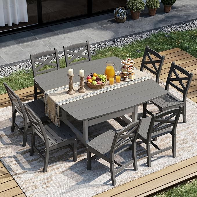 9-Piece Patio Dining Table Set, HDPE Outdoor Table and Chairs Set, All-Weather Outdoor Dining Set for 8 with Umbrella Hole, Durable Patio Furniture Set with Chairs,White Grey