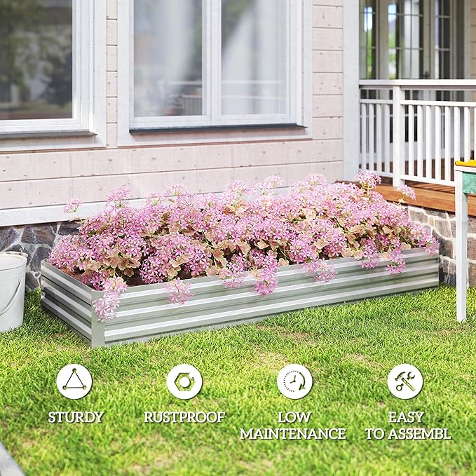Outsunny Galvanized Raised Garden Bed, 8' x 3' x 1' Metal Planter Box, for Growing Vegetables, Flowers, Herbs, Succulents, Silver