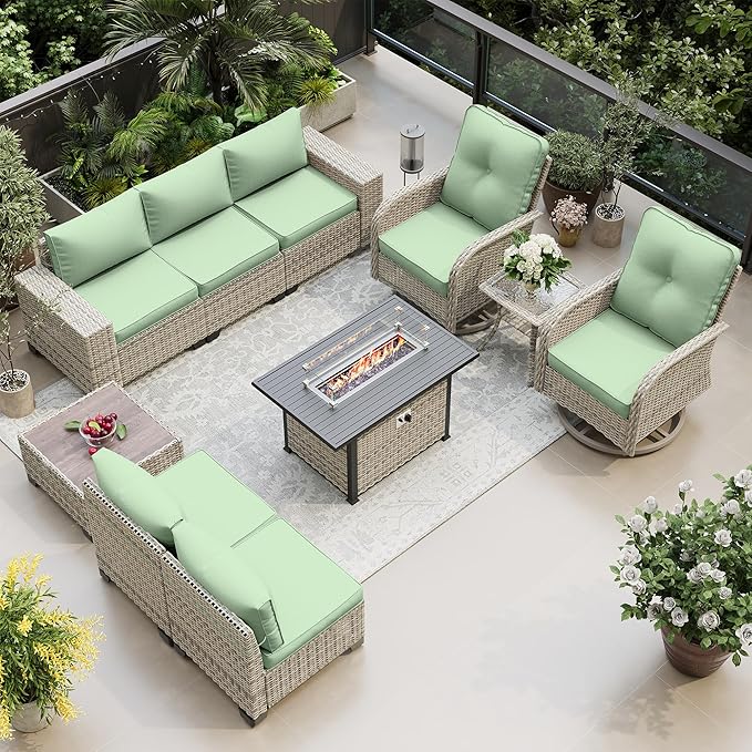 10-Piece Outdoor Patio Furniture Set with Rocking Swivel Chair, PE Wicker Rattan Sectional Sofa Patio Conversation Set with 55,000 BTU Fire Pit Table & Coffee Table, Light Green