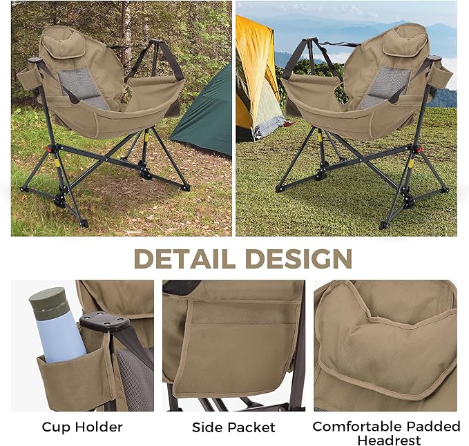 Ainfox Hammock Camping Chair, Foldable Portable Rocking Chairs for Adults Outside Swinging Camp with Cup Holder Pillow for Outdoor Patio Poolside (Brown)
