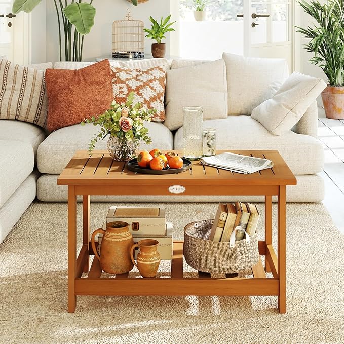 Tangkula Outdoor Acacia Wood Coffee Table, Patio 29.5” Rectangle Slatted 2 Tier Coffee Table with Storage Shelf, for Outside Balcony Patio Poolside