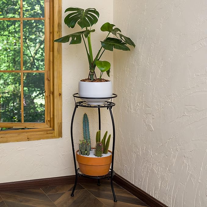 FaithLand Plant Stand, Metal Planter Holder Indoor Outdoor, 2 Tier Round Potted Supports Rack, Corner Display Shelf Black, Tall