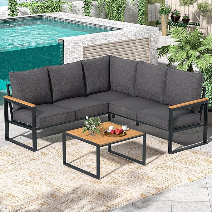 Metal Patio Furniture Set, 6 Pieces Outdoor Sectional Sofa Set with Side Table, L Shape Patio Conversation Set with Faux-Wood Tabletop, Outdoor Couch for Balcony, Porch, Backyard, Grey