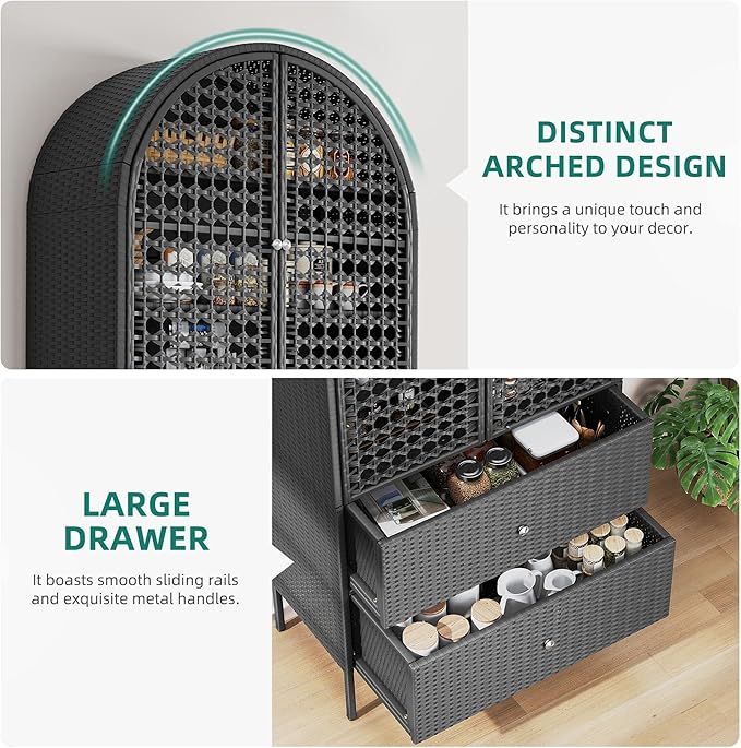 YITAHOME 65 Inch Outdoor Storage Shed, Arched Wicker Stand-Up Pantry with 3 Shelves & 2 Drawers, Rustic Storage Cabinet Patio Furniture for Backyard Garden Patio Lawn (Black)