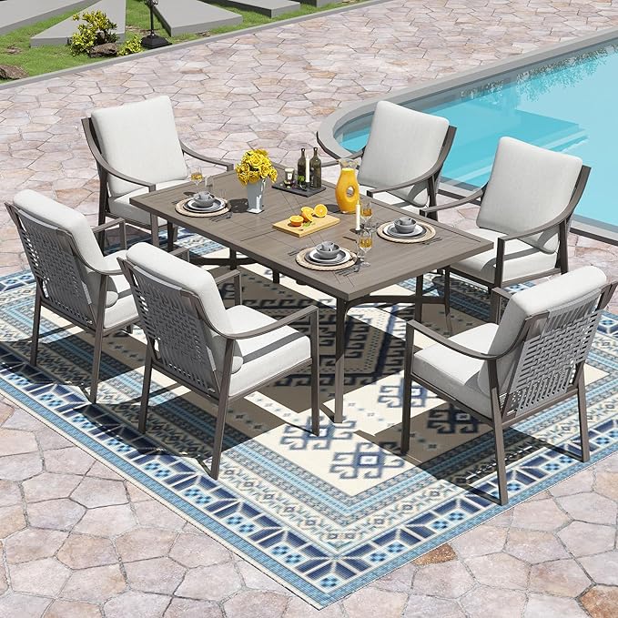 NATURAL EXPRESSIONS 7 Piece Patio Dining Table Outdoor Furniture Set for 6, 6Pcs Fixed Dining Chairs with Olefin Cushions, 65”Large Dining Table with Umbrella Hole