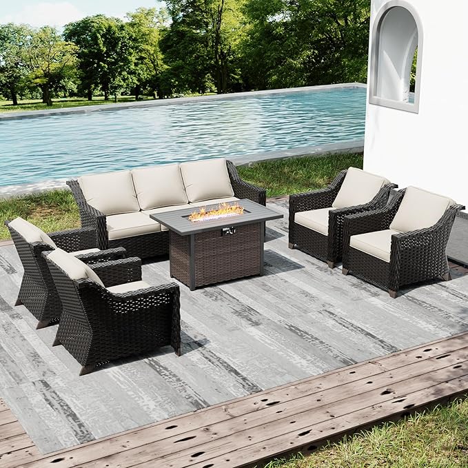 Joyside Wicker Patio Furniture Sets, 6 Pieces Upgraded Large Size Outdoor Furniture with 4 Swivel Rocking Patio Chairs, 3-Seat Sofa, Fire Table,Thick Cushions, Wide Armrest, Beige